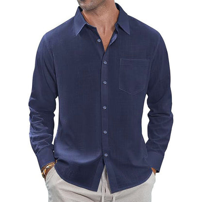 Thin Lapel-collar Linen Long-sleeve Shirt With Pockets