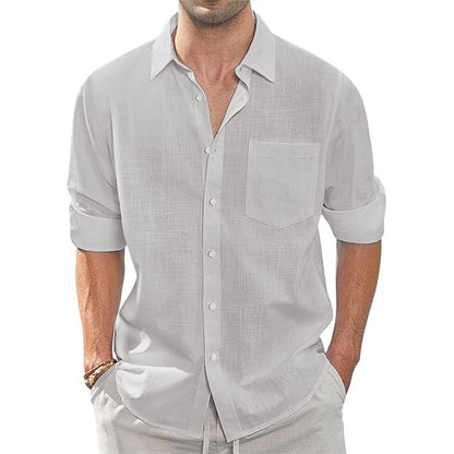 Thin Lapel-collar Linen Long-sleeve Shirt With Pockets