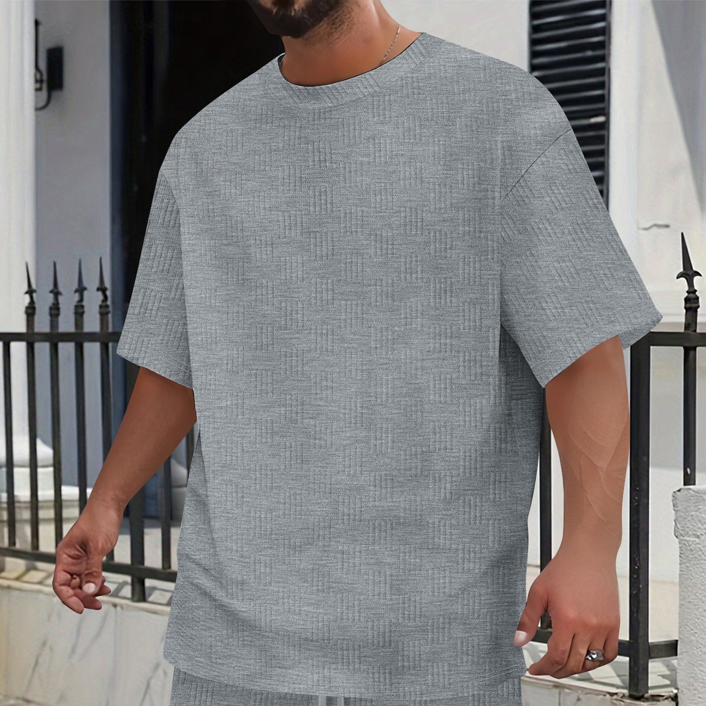 Mens Solid-Color Casual Simple Breathable Jacquard Loose Crew-Neck Short-Sleeve Shirt