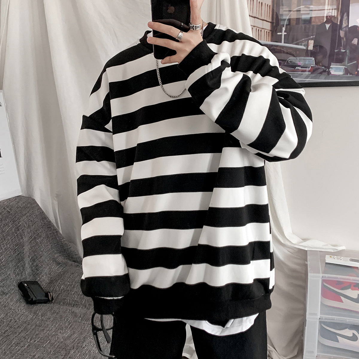 Fall New Loose Casual Striped Sweater Men