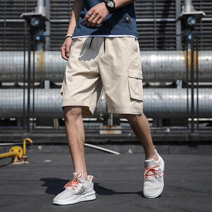 Summer Straight Five-Point Overalls With Drawstring Multi-Pocket