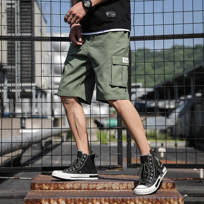 Summer Straight Five-Point Overalls With Drawstring Multi-Pocket