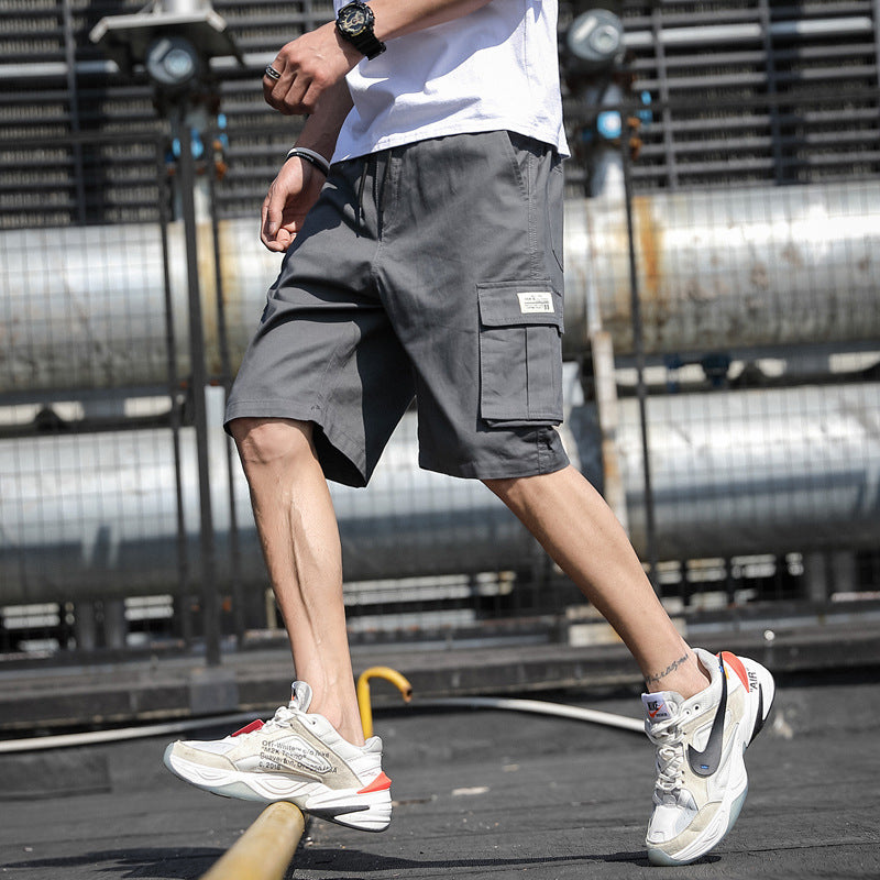 Summer Straight Five-Point Overalls With Drawstring Multi-Pocket