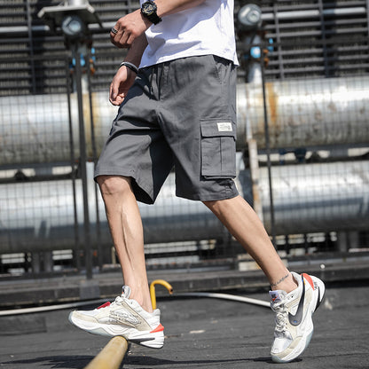 Summer Straight Five-Point Overalls With Drawstring Multi-Pocket