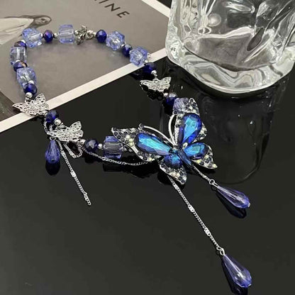 Womens Dark Blue Waterdrop Tassel Butterfly Waist Chain