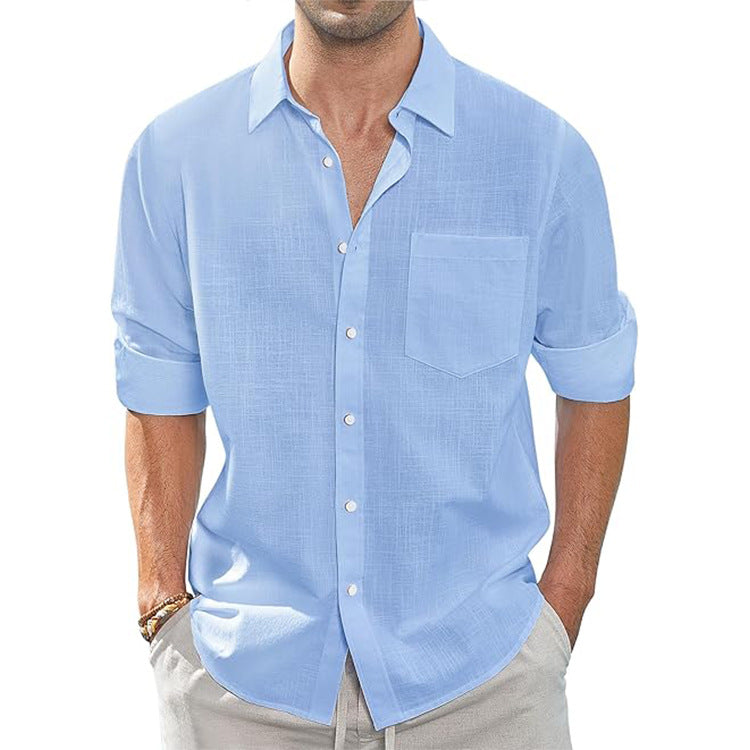 Thin Lapel-collar Linen Long-sleeve Shirt With Pockets