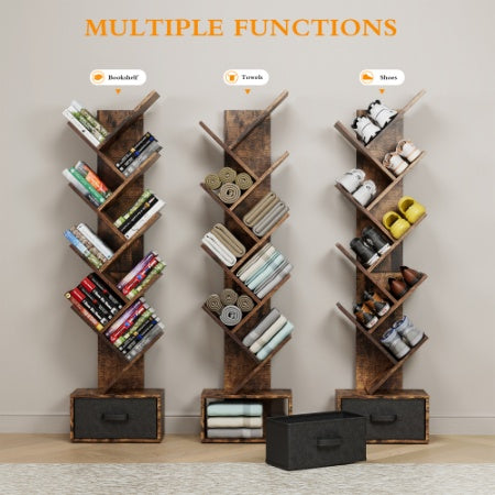 9 Tier Tree Bookshelf With Drawer Bookcase, Modern Book Storage, Free Standing Tree Bookcase, Utility Organizer Shelves For Home Office, Living Room, Bedroom, Rustic Brown