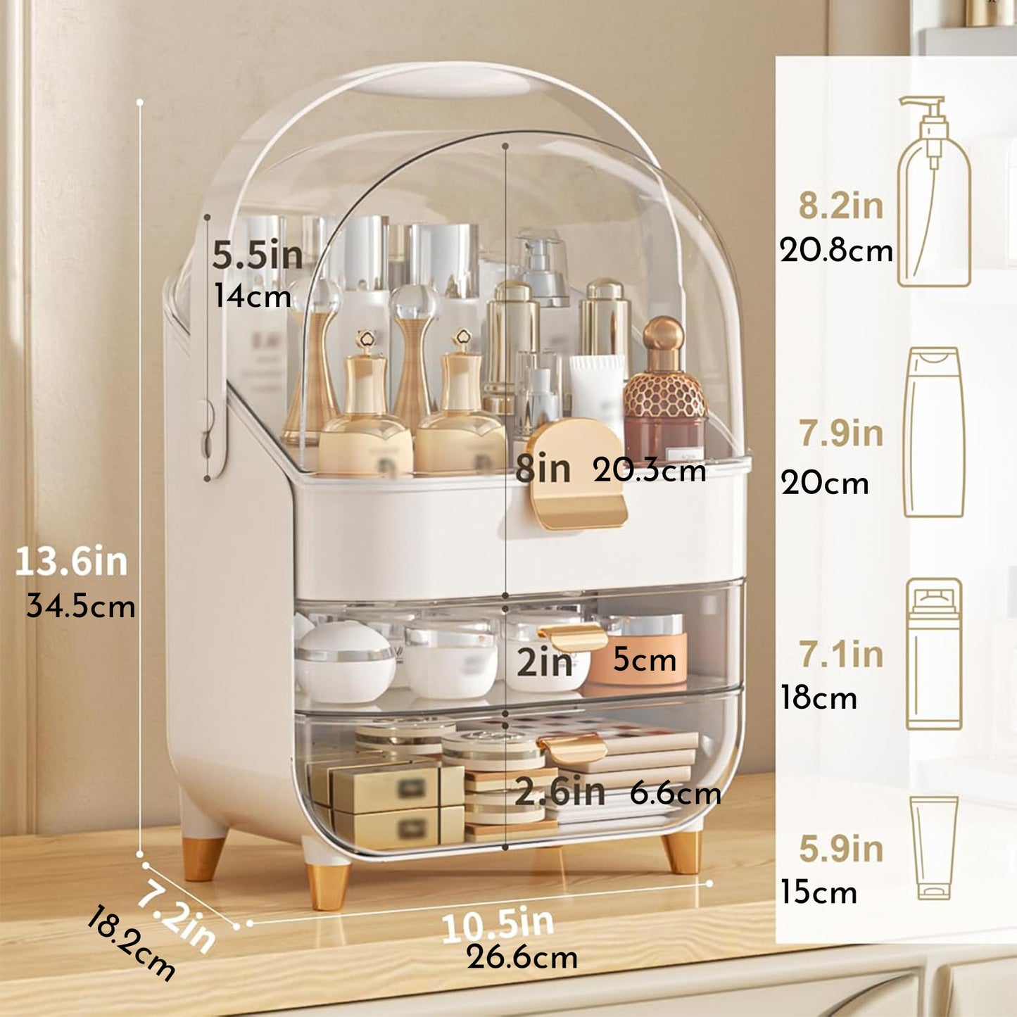 Makeup Organizer With Skincare Holder - Acrylic Cosmetic Storage Box, 4 Colors - Vanity & Bathroom Counter Organizer - Perfect Teen Girl Gift