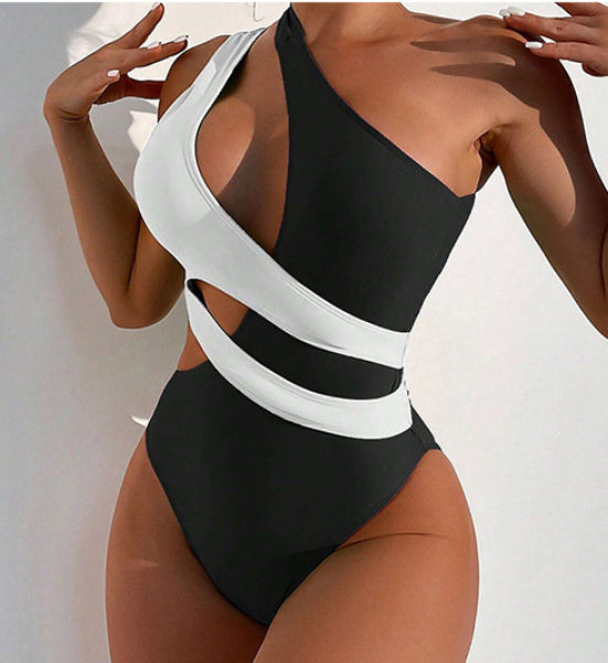Cross Color Matching Lace Up Swimsuit For Women