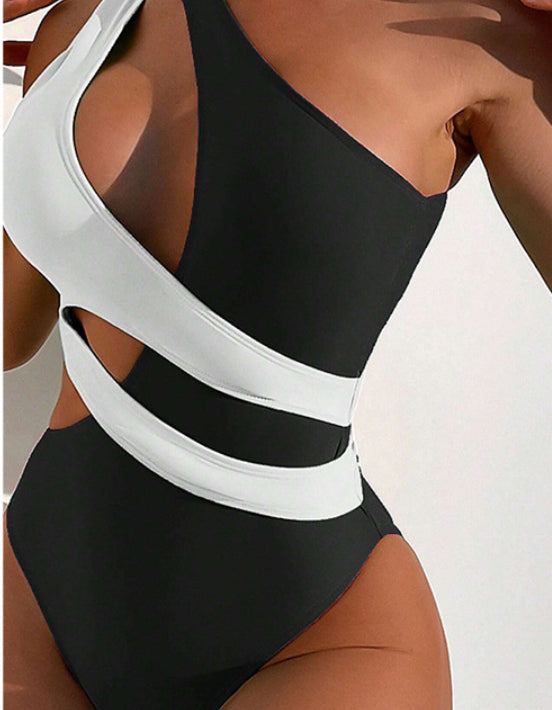 Cross Color Matching Lace Up Swimsuit For Women