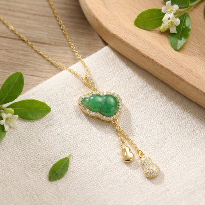 925 Sterling Silver Elegant Green Jadeite Gourd Pendant Necklace with Triple Calabash Accents