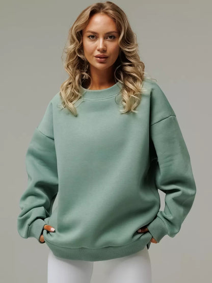 Solid Color Crew Neck Loose-Fit Pullover Sweatshirt Top For Women