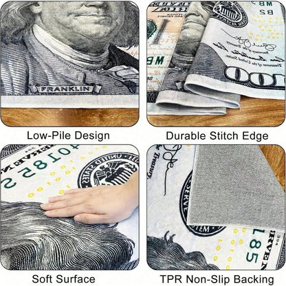 One Hundred Dollar Design Area Rug, Currency Inspired Non-Slip Carpet For Living Room & Entryway