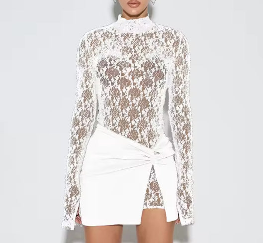 Lace Sheer Long-sleeved Mini Skirt