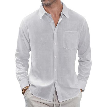 Thin Lapel-collar Linen Long-sleeve Shirt With Pockets