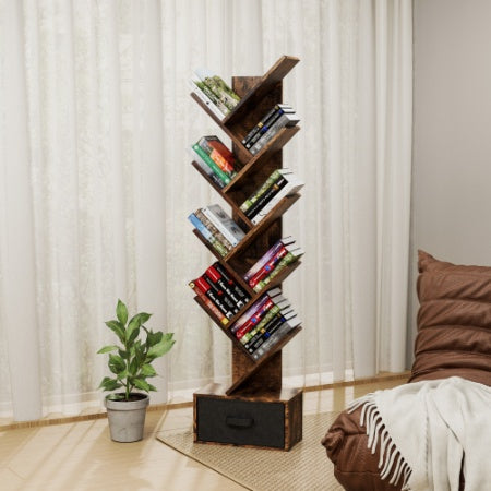 9 Tier Tree Bookshelf With Drawer Bookcase, Modern Book Storage, Free Standing Tree Bookcase, Utility Organizer Shelves For Home Office, Living Room, Bedroom, Rustic Brown