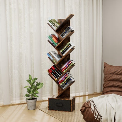 9 Tier Tree Bookshelf With Drawer Bookcase, Modern Book Storage, Free Standing Tree Bookcase, Utility Organizer Shelves For Home Office, Living Room, Bedroom, Rustic Brown