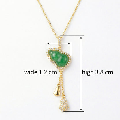 925 Sterling Silver Elegant Green Jadeite Gourd Pendant Necklace with Triple Calabash Accents