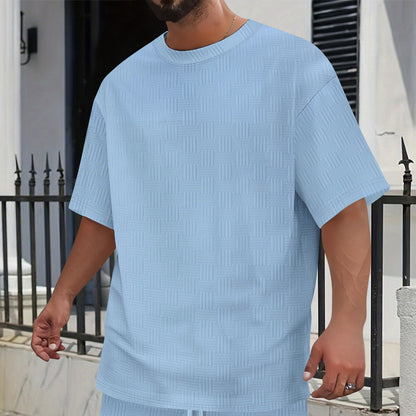 Mens Solid-Color Casual Simple Breathable Jacquard Loose Crew-Neck Short-Sleeve Shirt