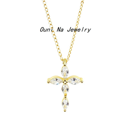S925 Sterling Silver 14K Gold-Plated Cross Necklace With Diamonds