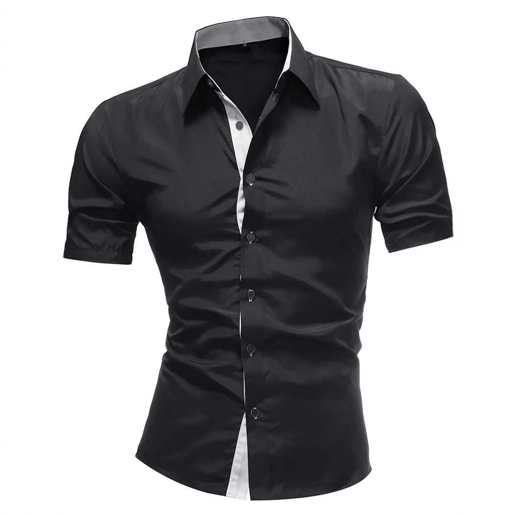 Men's Contrasting-Color Lapel Casual Shirt