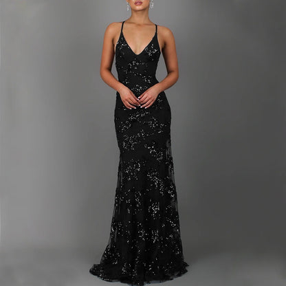 Dress V-neck Brace Backless Sequined Long Night Dresses High Waist Dance Wedding Prom Bridesmaid Maxi