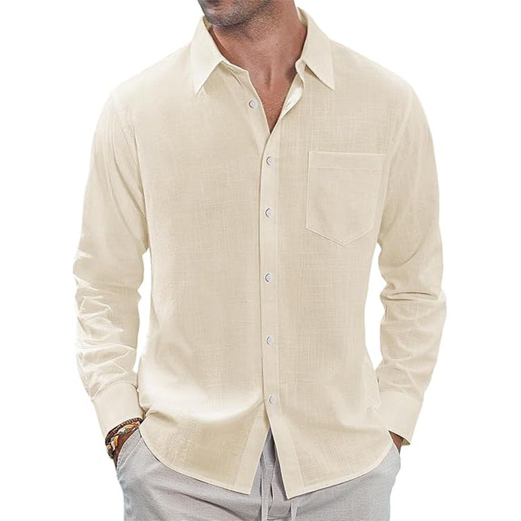 Thin Lapel-collar Linen Long-sleeve Shirt With Pockets