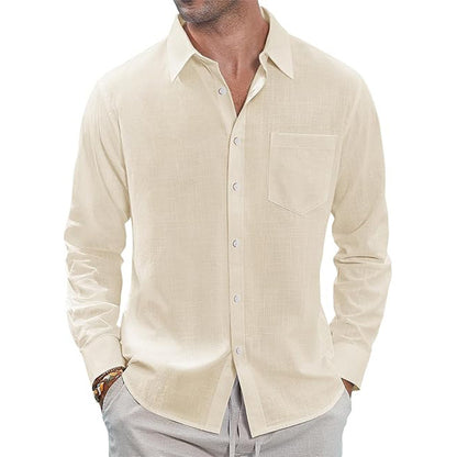 Thin Lapel-collar Linen Long-sleeve Shirt With Pockets