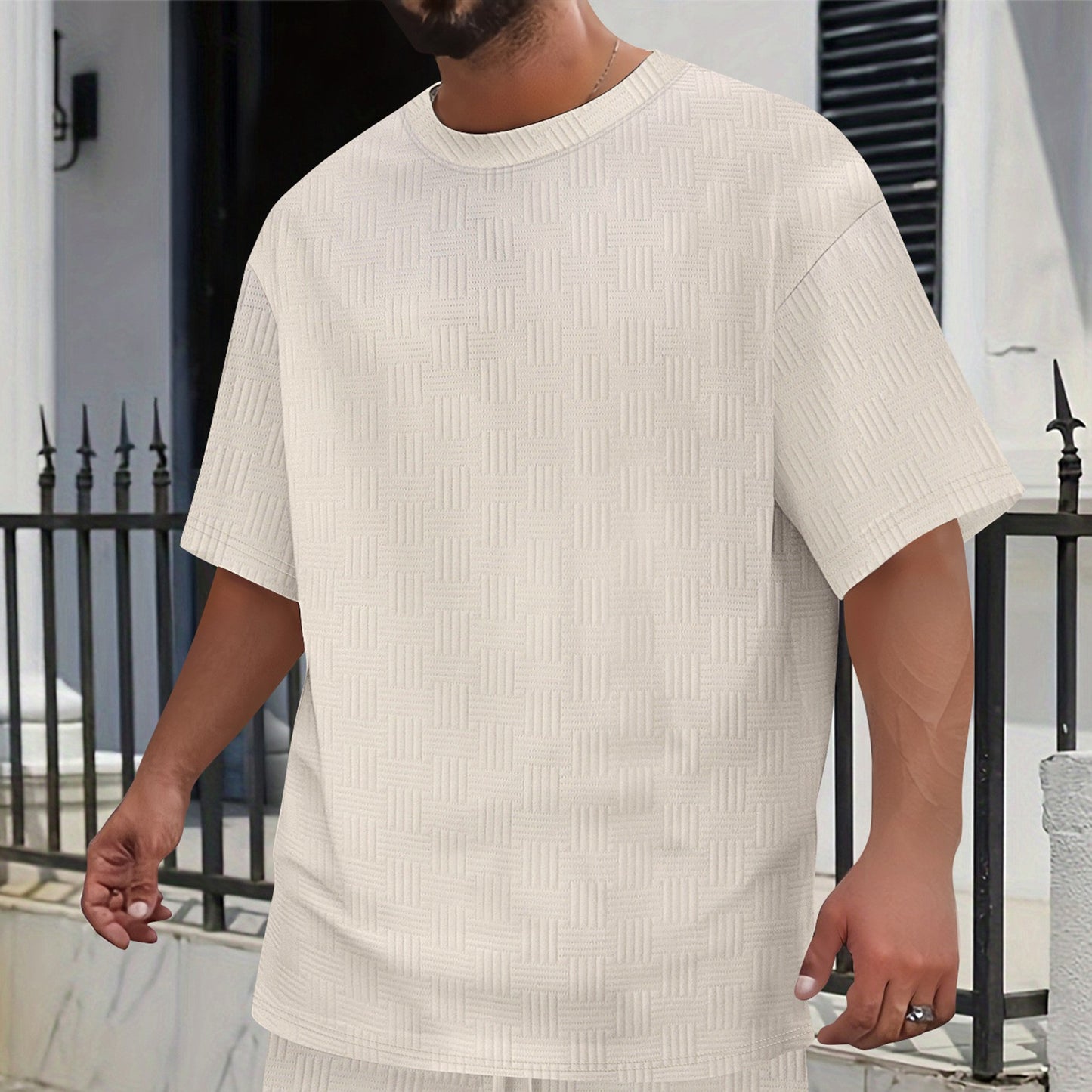 Mens Solid-Color Casual Simple Breathable Jacquard Loose Crew-Neck Short-Sleeve Shirt