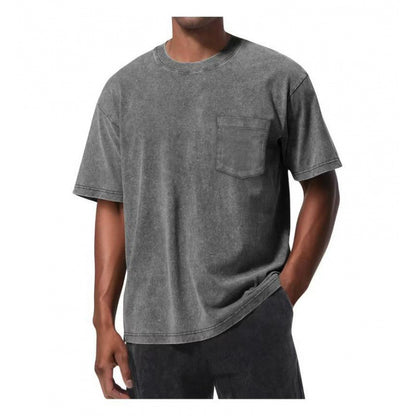 Retro Washed Pocket 3D Digital Print All-Match Crew Neck Short-Sleeve T-Shirt