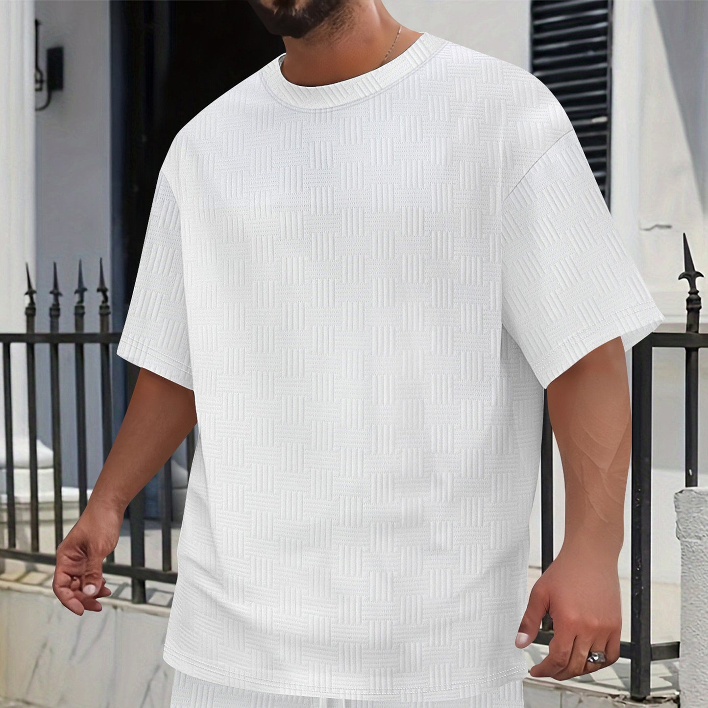 Mens Solid-Color Casual Simple Breathable Jacquard Loose Crew-Neck Short-Sleeve Shirt