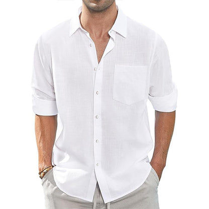 Thin Lapel-collar Linen Long-sleeve Shirt With Pockets