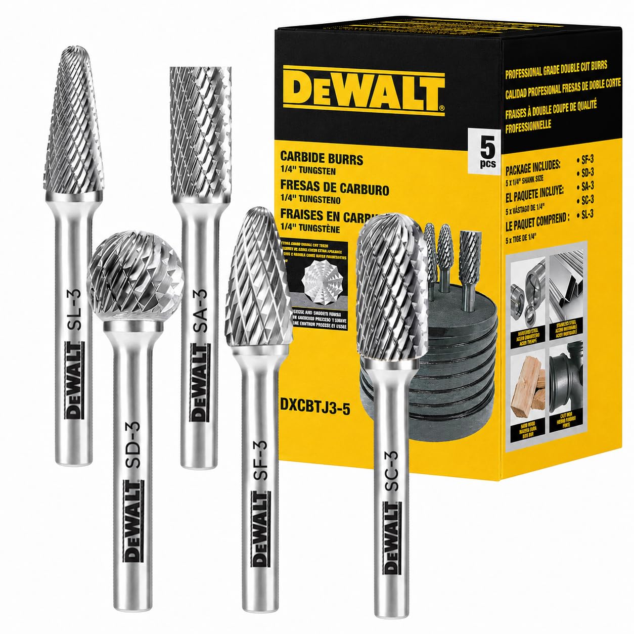 5 Pack DEWALT Tungsten Carbide Burrs Size 3 with 1/4" Shank for Tough Metalworking (DXCBTJ3-5)
