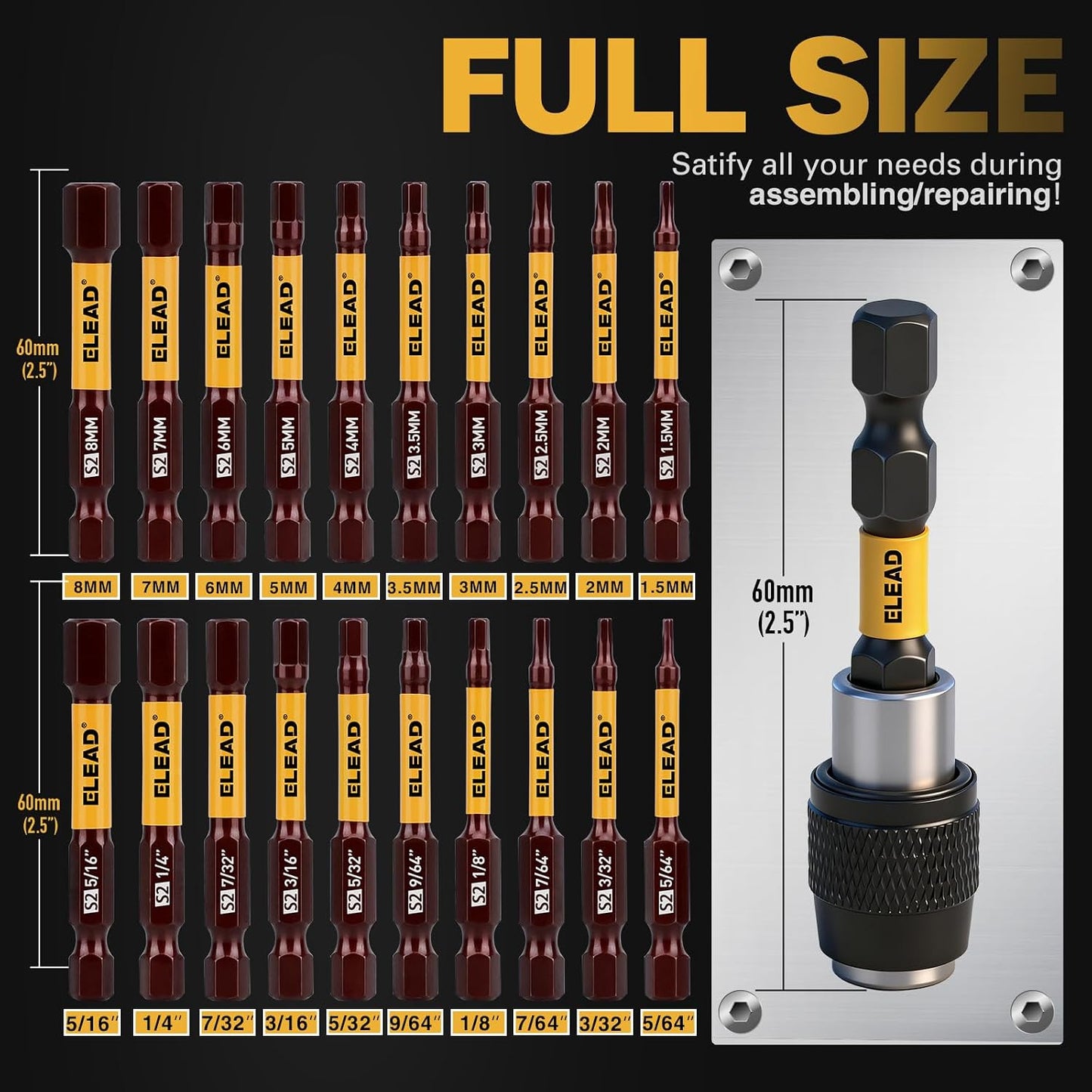21-Piece 2.5" Allen-Wrench Hex Drill Bit Set, Durable Impact Allen Key Set, Long-Lasting Strong Magnetic Hex Screwdriver Bit Set, SAE & Metric Size, Mechanic Automotive Furniture DIY Home Repairs