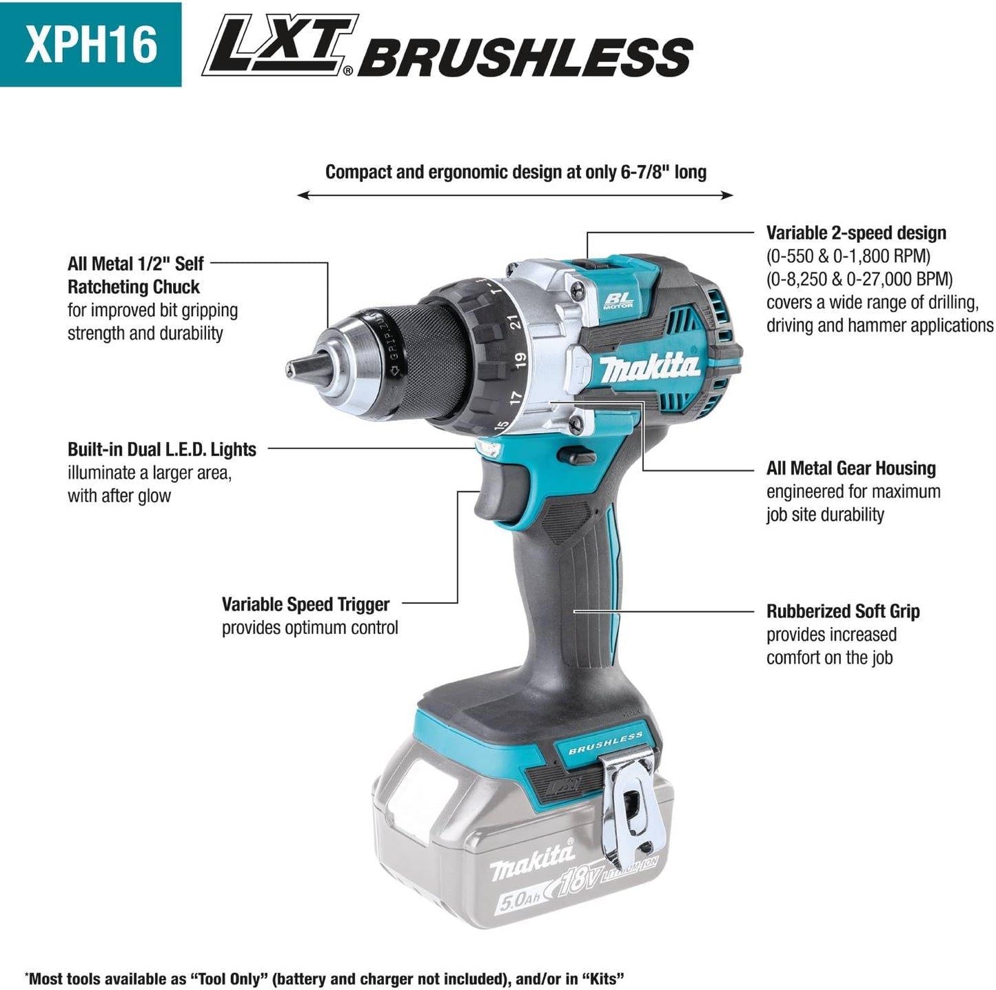 Makita XPH16Z 18V LXT® Lithium-Ion Compact Brushless Cordless 1/2" Hammer Driver-Drill, Tool Only | Lithium-Ion, Compact, Tool Only