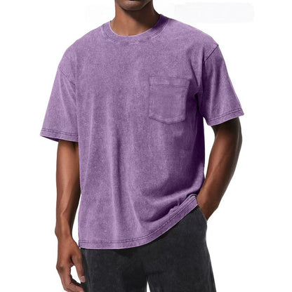 Retro Washed Pocket 3D Digital Print All-Match Crew Neck Short-Sleeve T-Shirt