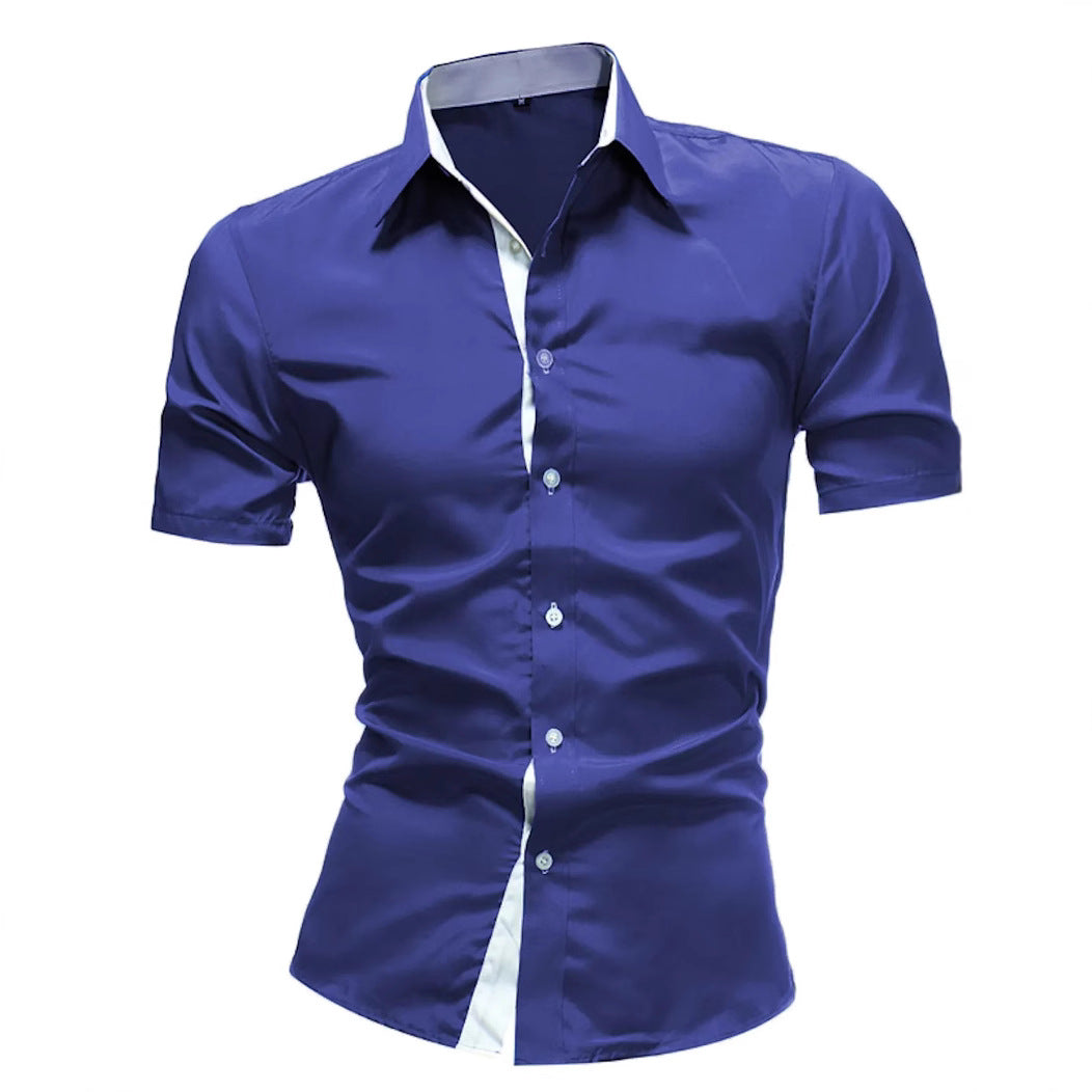 Men's Contrasting-Color Lapel Casual Shirt
