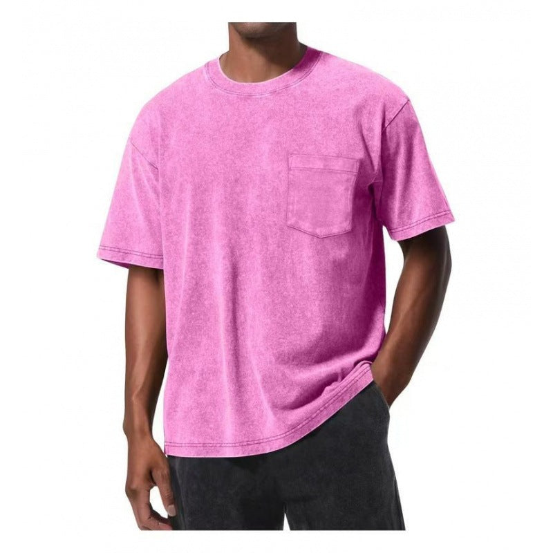Retro Washed Pocket 3D Digital Print All-Match Crew Neck Short-Sleeve T-Shirt