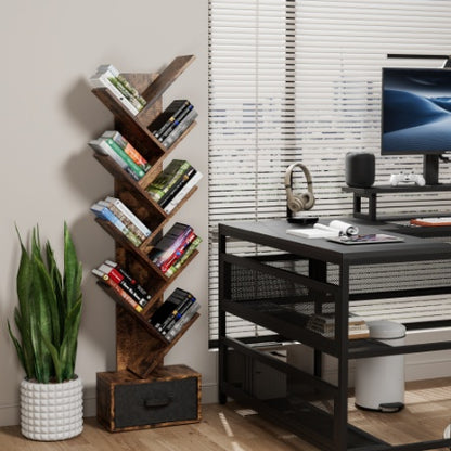 9 Tier Tree Bookshelf With Drawer Bookcase, Modern Book Storage, Free Standing Tree Bookcase, Utility Organizer Shelves For Home Office, Living Room, Bedroom, Rustic Brown