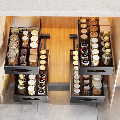 Pull-out Double-layer Lath Drawer Kitchen Cabinet Spice Jar Pull-out Basket Retractable Storage Rack