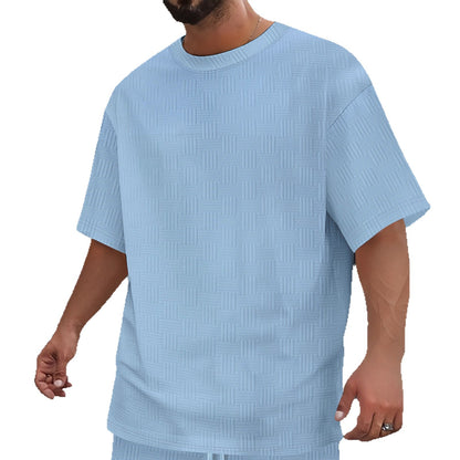 Mens Solid-Color Casual Simple Breathable Jacquard Loose Crew-Neck Short-Sleeve Shirt