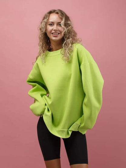 Solid Color Crew Neck Loose-Fit Pullover Sweatshirt Top For Women