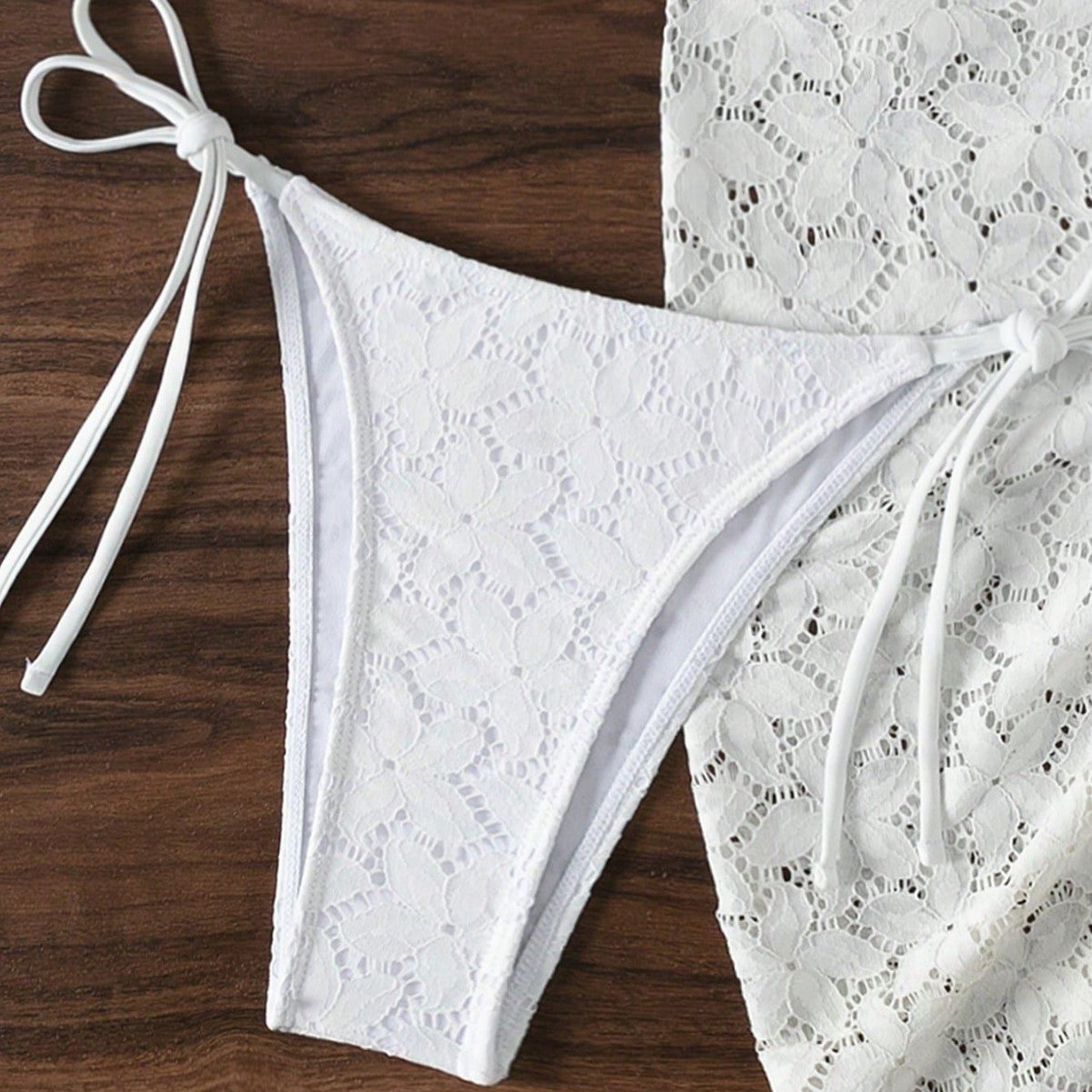 Three-Piece Bikini Lace Gauze Skirt Swimsuit With Ties For Women