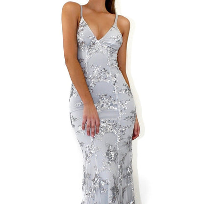 Dress V-neck Brace Backless Sequined Long Night Dresses High Waist Dance Wedding Prom Bridesmaid Maxi