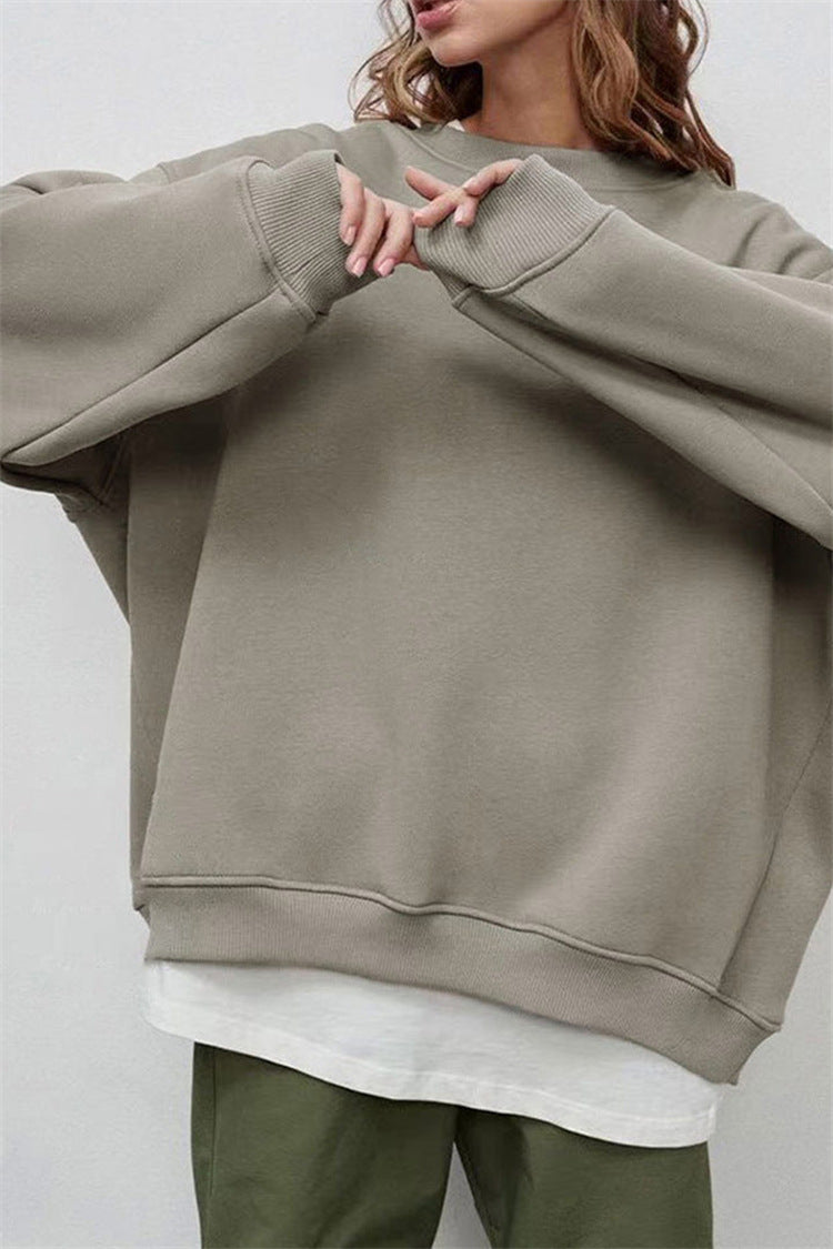 Solid-color Crew-neck Loose-fitting Pullover Hoodie