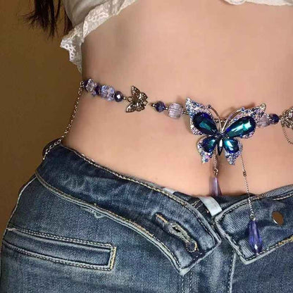 Womens Dark Blue Waterdrop Tassel Butterfly Waist Chain