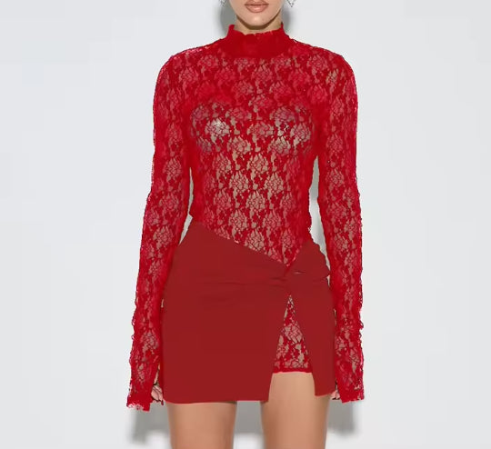 Lace Sheer Long-sleeved Mini Skirt