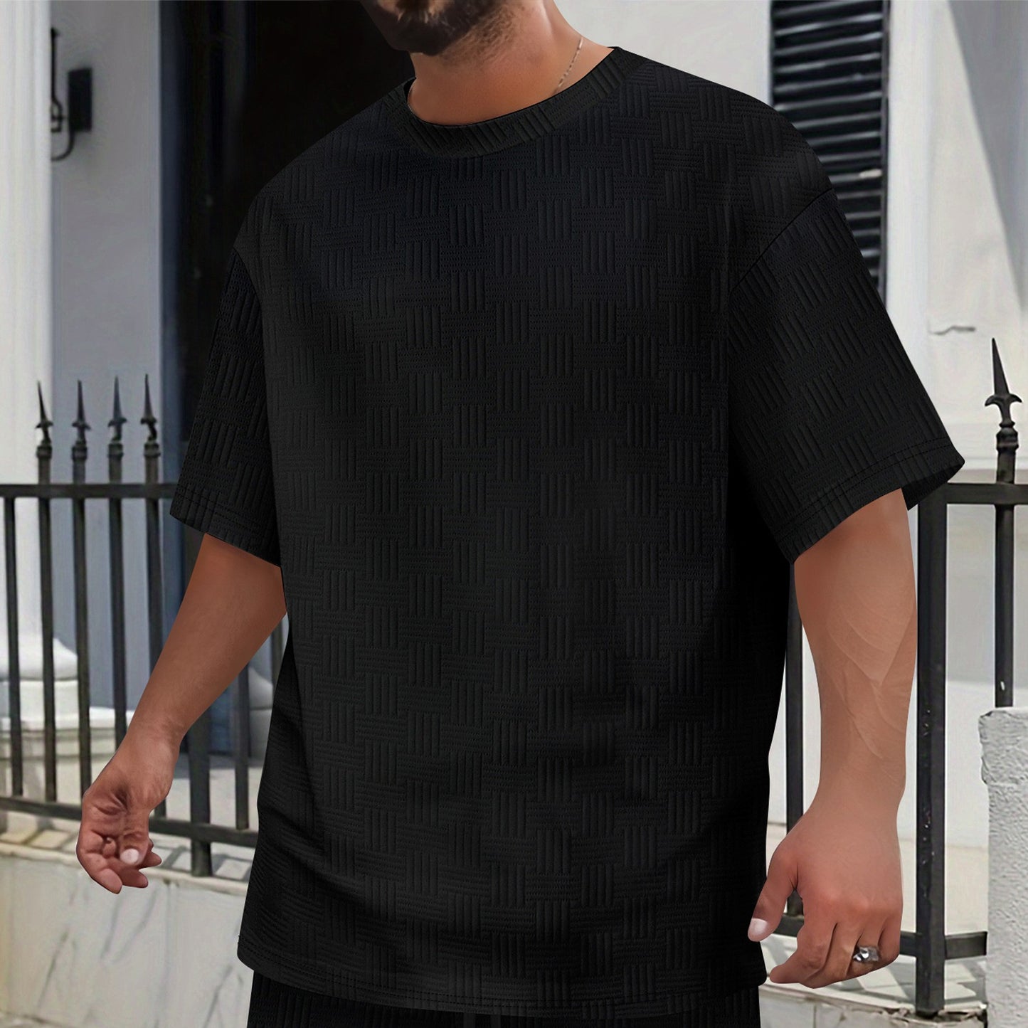Mens Solid-Color Casual Simple Breathable Jacquard Loose Crew-Neck Short-Sleeve Shirt