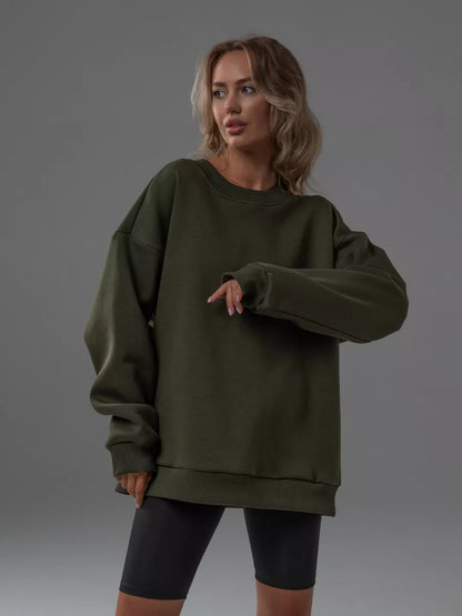 Solid Color Crew Neck Loose-Fit Pullover Sweatshirt Top For Women