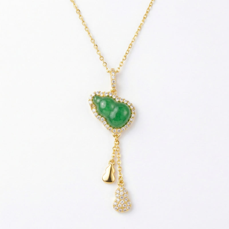 925 Sterling Silver Elegant Green Jadeite Gourd Pendant Necklace with Triple Calabash Accents